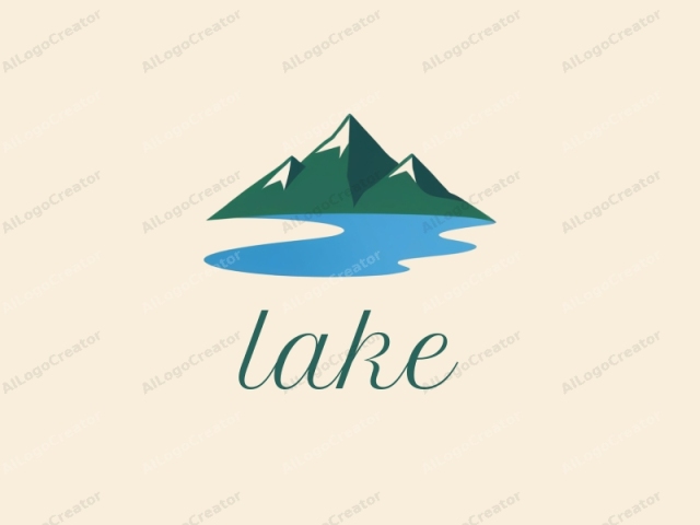 This minimalist digital logo features a stylized representation of a mountainous landscape with a lake. The backdrop is a smooth, pale beige color, providing a clean, neutral canvas for the image. The central element is a triangular mountain, depicted with bold