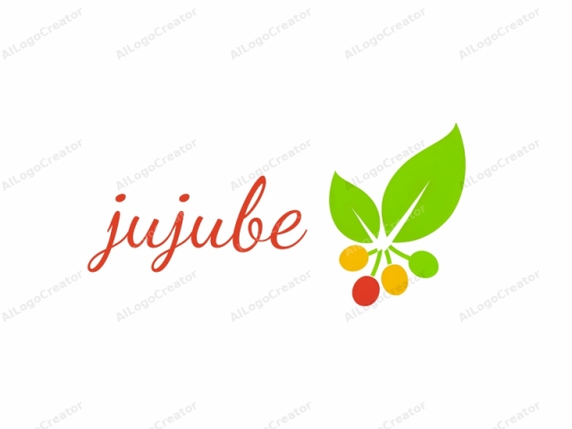 This is a minimalist, flat design logo of a stylized green leaf and three fruits. The leaf is depicted as a bold, green shape with two broad, oval leaves extending upward and slightly outward, each with a distinct green vein running through them