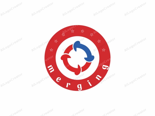 Este es un logotipo digital gráfico y simple, diseñado en un estilo plano con una estética limpia y moderna. El logotipo consiste en una composición circular dividida en tres partes iguales por flechas azules y rojas que están dispuestas simétricamente. Las flechas azules apuntan en sentido horario