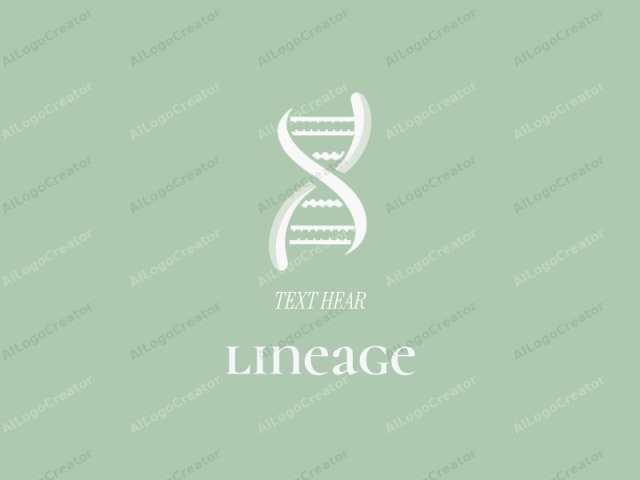 This is a minimalist digital logo composed entirely of white shapes against a soft, mint green background. The main subject is a DNA helix, a double-stranded, spiral structure that represents the genetic code. The helix is simplified with clean lines