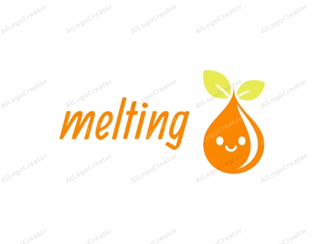 The logo features a stylized drop of orange liquid with a cheerful, smiling face and two green leaves sprouting from its top. The liquid drop is centrally positioned and is depicted with smooth, rounded edges. The smiling face consists of two small,