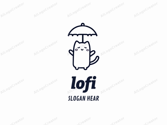 a cute, whimsical cartoon cat. This minimalist black and white illustration features a small, stylized cat standing under a large, open umbrella. The cat's body is outlined in thick black lines, with a simple, oval-shaped head adorned by