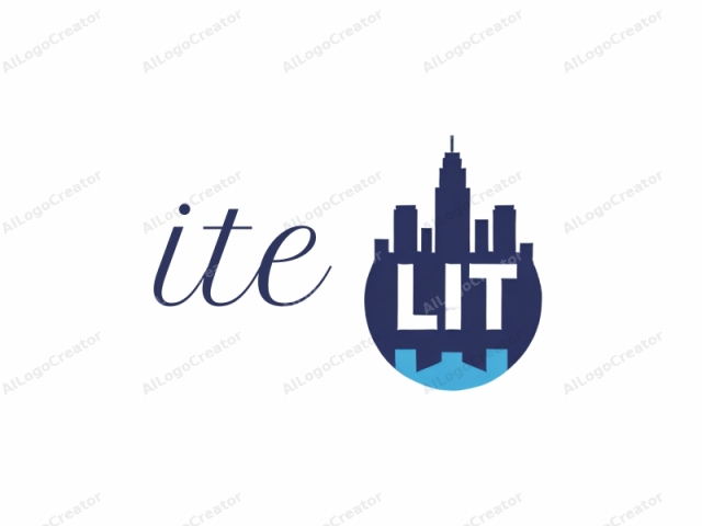 Dies ist ein minimalistisches, modernes Logo, das eine stilisierte Stadtsilhouette mit dem Wort "LIT" in fetten Großbuchstaben zeigt, das darüber gelegt ist. Das Logo besteht aus einer runden Form, die eine Silhouette einer Stadtlandschaft umschließt.