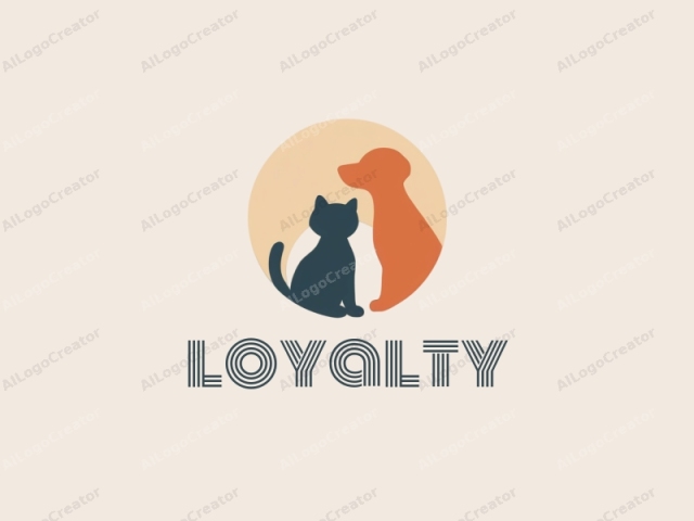 a cat and a dog. This minimalist, abstract illustration features the silhouettes of a cat and a dog, set against a circular background within a larger square frame. The cat is positioned on the left, depicted with a dark blue outline,