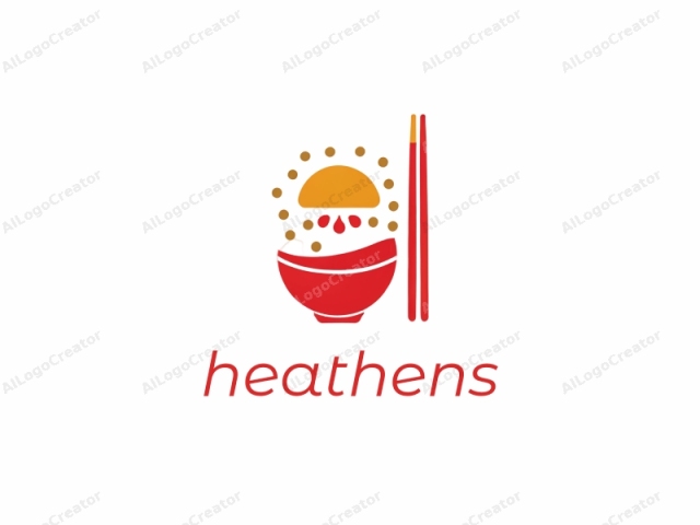 This digital illustration features a stylized representation of a traditional Japanese food dish known as "onigiri" (rice ball). The main subject is depicted in red and yellow, with a minimalist approach. At the center, a red bowl with a