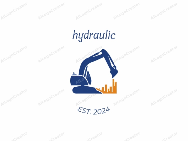 This logo is a simple, clean, and abstract design created in a digital medium, likely using a vector graphics program. The primary subject is a large excavator, depicted in dark blue, with a long arm extended upwards and a smaller arm extending