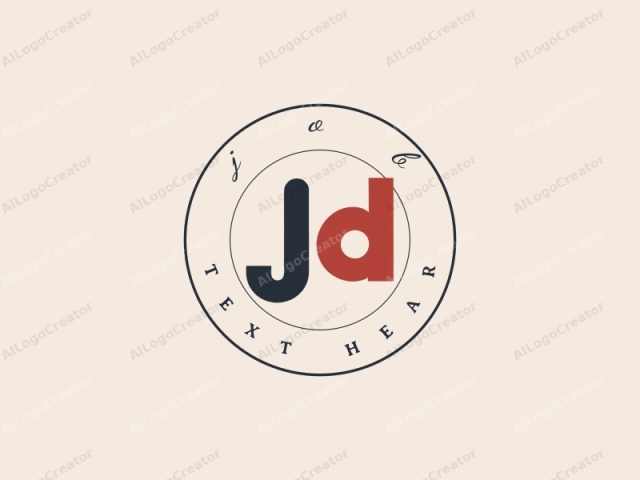 Este logotipo minimalista consiste en la palabra "Jd" en letras negritas y sin serifa. La "J" está escrita en un sólido color azul marino, creando un contraste llamativo contra el fondo beige claro. La "d" está en un