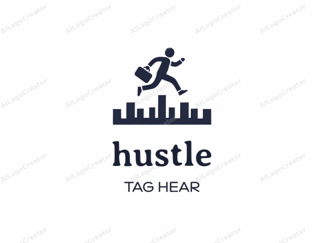 in the form of a minimalist, flat vector illustration. This image depicts a stylized, human-like figure in mid-jump, appearing to hurdle or jump over a series of rectangular shapes. The figure is rendered in solid dark blue color, giving a