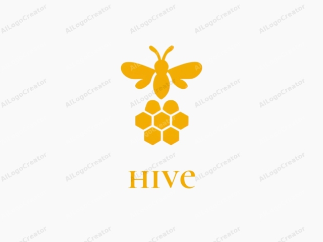 This logo image features a minimalist, abstract design centered on a stark white background. The primary subject is a stylized yellow bee with six legs, two antennae, and transparent wings positioned slightly above a cluster of hexagonal honeycombs. The