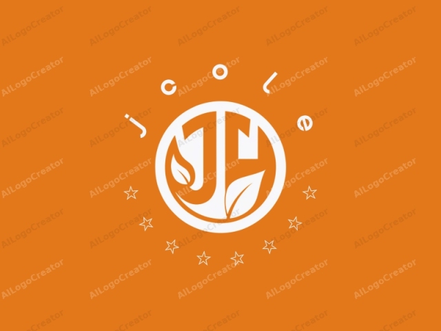 The image is a stylized logo consisting of a large, circular emblem on a solid orange background. The emblem features a bold, white letter "J" in the center, flanked by two stylized, leaf-like elements. The leaf elements