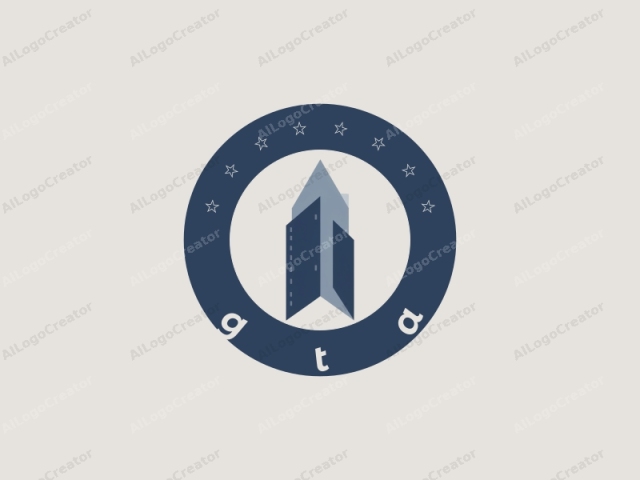 This logo image is a minimalist, geometric design that features a stylized representation of a skyscraper. The composition is clean and abstract, utilizing flat colors and simple shapes. The background is a light, off-white color that enhances the contrast of the