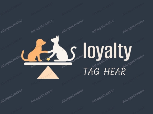 The image features a minimalist, stylized design against a solid dark blue background. In the center, two figures are depicted in a symmetrical arrangement. On the left, a dog is portrayed in an orange color, while on the right, a