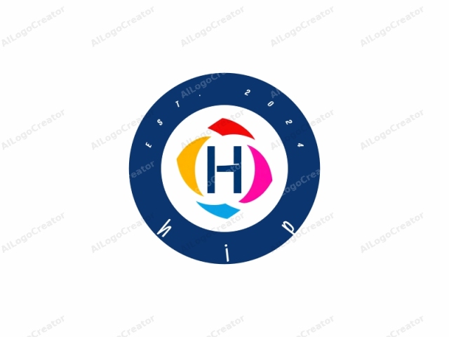 Este logotipo presenta un diseño geométrico atrevido centrado en un fondo blanco. El elemento principal es una letra mayúscula "H" en azul marino, que ocupa el centro de la imagen. Rodeando la "H" hay cuatro grandes formas abstractas y coloridas