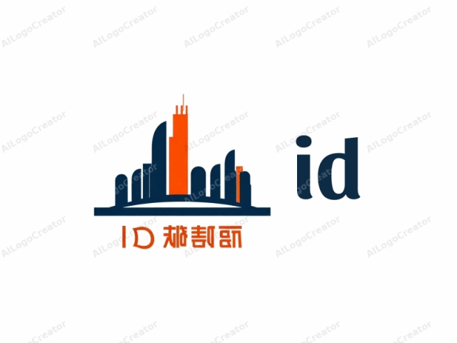 The logo is a clean and modern design, with bold, minimalist elements. The central subject is a stylized skyline, depicted in three colors: blue, orange, and white. The blue skyline includes several buildings with varying heights and shapes, arranged