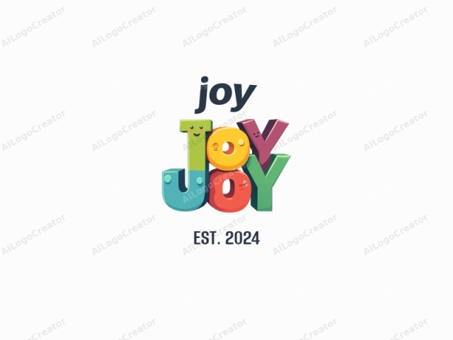 Das Bild ist eine farbenfrohe digitale Illustration des Wortes "JOY", wobei jeder Buchstabe ein verspieltes, cartoonhaftes Aussehen hat. Jeder Buchstabe ist dreidimensional, und seine Oberfläche scheint aus einem glatten, glänzenden Material zu bestehen. Die Buchstaben sind hell