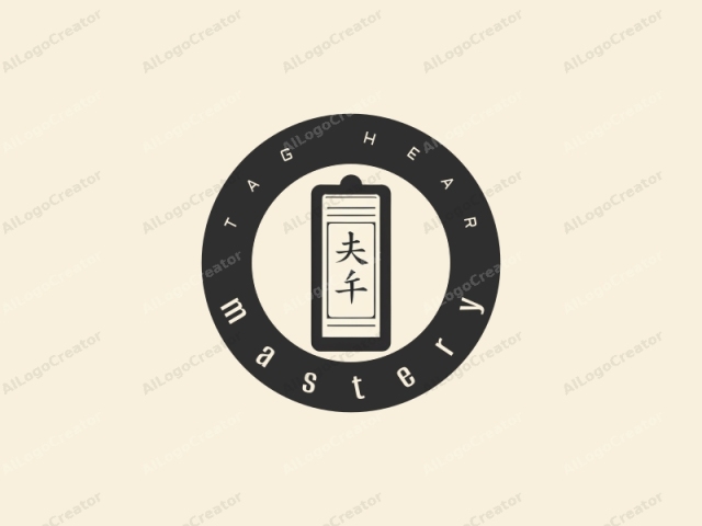 This is a simple, minimalist logo illustration in a monochromatic color scheme, with black shapes on a pale cream background. The central focus of the image is a vertical rectangular emblem. The emblem is divided into three sections: a thick, rectangular