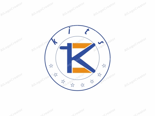 featuring a minimalist and geometric design. The logo consists of two interlocking shapes, one orange and the other blue, arranged in a symmetrical formation. The orange shape is a capital "K" with a horizontal bar extending from the top, while