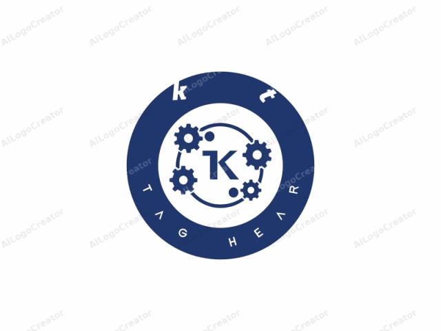 This is a digital logo featuring a minimalist design. The logo consists of a solid, navy blue circle with a white background. Inside the circle, five blue gear shapes of varying sizes are evenly spaced around the circumference. Each gear is depicted as a