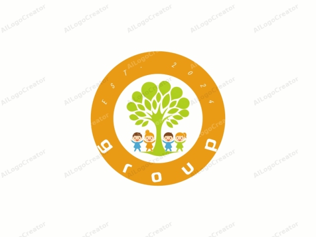 en un estilo de ilustración digital. Este logotipo es una ilustración simple y encantadora que presenta un árbol estilizado con una gran copa redondeada de color verde y varias hojas pequeñas esparcidas debajo de él. El árbol está posicionado centralmente y domina la imagen. Alrededor del árbol, cuatro