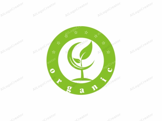 focusing on its visual elements, symbolism, and overall design. This is a minimalist vector graphic logo, primarily in green and white. The central figure is a stylized tree, depicted with clean, curved lines. The tree is represented with two large