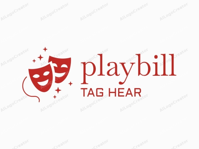 The logo is a minimalist illustration featuring two red, stylized theatrical masks on a plain white background. The masks are prominently displayed, facing forward with smiling expressions, conveying joy and playfulness. The mask on the left has a wider, more exaggerated