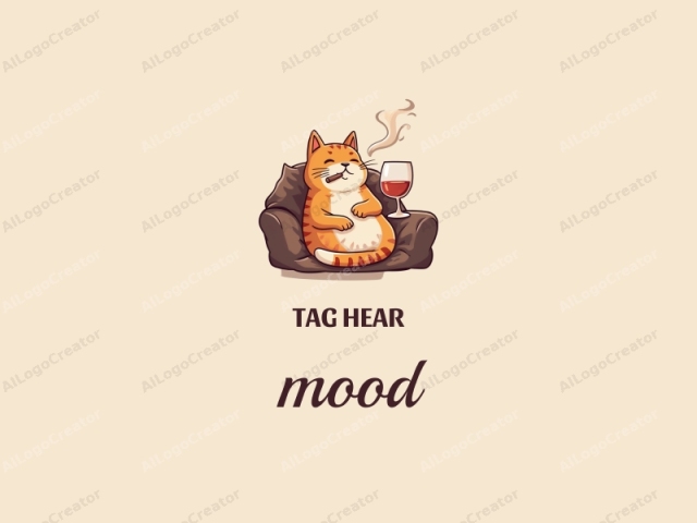 This is a digital drawing in a cartoon style featuring a content orange tabby cat seated on a dark brown cushioned chair. The cat, with a chubby body and a round face, is depicted in a relaxed pose with its eyes closed and a