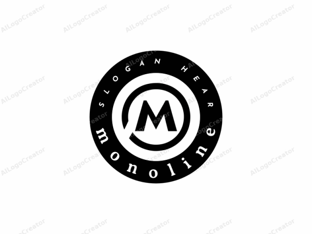 Este logotipo es un diseño minimalista en blanco y negro que presenta un estilo audaz, moderno y simétrico. Consiste en un gran círculo negro centrado sobre un fondo blanco, con una gruesa línea horizontal negra que atraviesa el círculo diagonalmente desde la izquierda