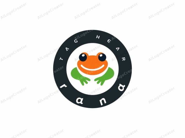 This is a simple, stylized digital drawing of a frog with exaggerated features. The frog's face is centrally positioned and depicted with a large, round, bright orange head featuring two black, shiny, round eyes. Its cheerful expression includes a large