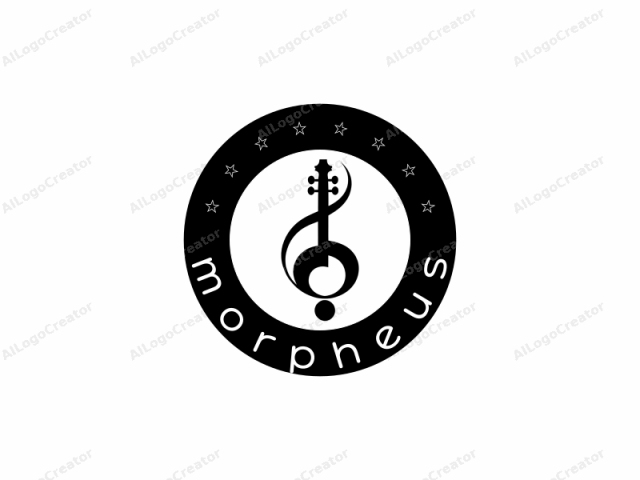 The image is a minimalist black and white logo featuring a stylized representation of a guitar. The central figure of the logo resembles a guitar body, but it's highly simplified, with clean lines and curves. The neck of the guitar is portrayed as