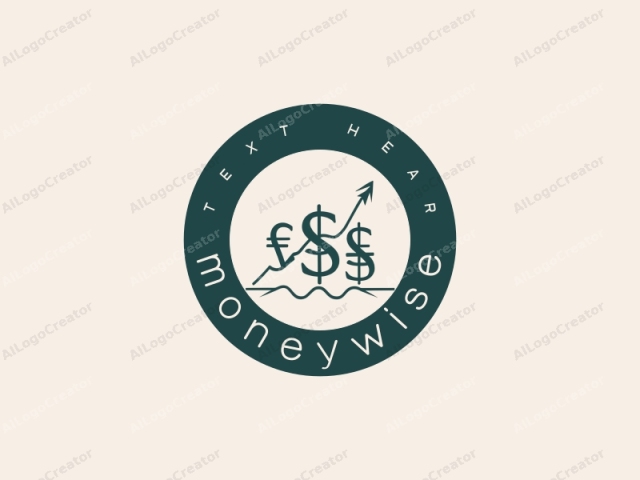 The image is a minimalist, black and white logo in a teal green color, set against a light beige background. The primary subject is a stylized graph with three currency symbols representing different currencies: a U.S. dollar ($), a British pound