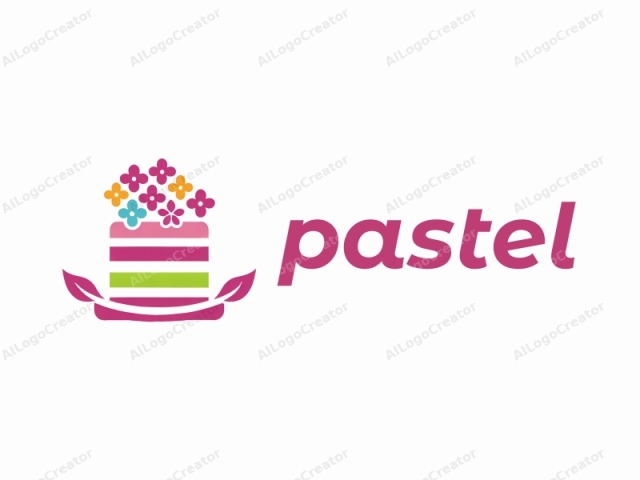 This digital drawing features a stylized, minimalist design. It depicts a flat, rectangular cake with alternating horizontal stripes of magenta, light green, and yellow, giving it a modern, graphic appearance. The cake is adorned with a cluster of colorful