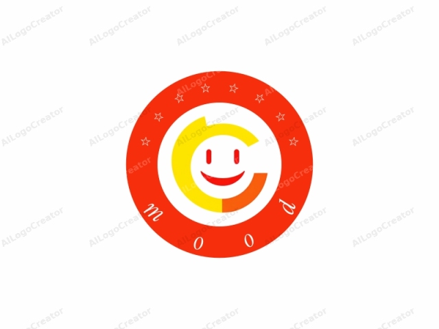 The image is a digital graphic of a smiling face with a bright yellow background, centered within a larger yellow circle. The smiley face is composed of simple geometric shapes: a red oval for the face, two white dots for eyes, and a