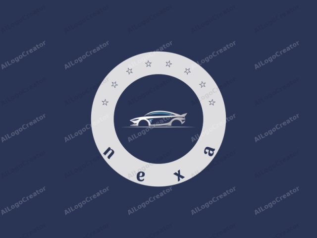 im minimalistischen Stil. Das Logo ist eine minimalistische Vektorillustration einer Auto-Silhouette vor einem dunkelblauen Hintergrund. Das Auto wird in einer schlanken, stromlinienförmigen Weise dargestellt, wobei sein aerodynamisches Design betont wird. Seine Umrisse sind mit glatten, sauberen Linien erstellt