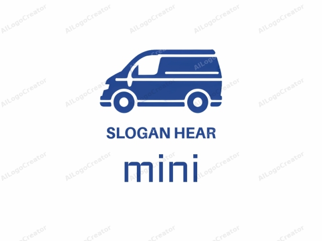 This is a minimalist, blue, vector illustration of a van. The van is depicted in a side profile, facing left, with its windows and door represented by simple, solid blue shapes. The van has a square body, and its wheels are