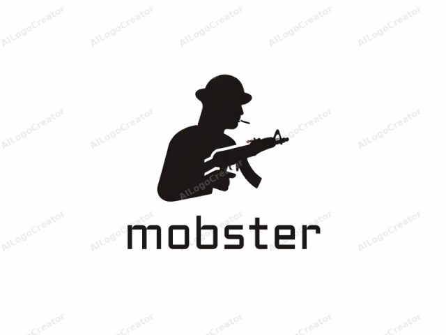 The logo is a black silhouette of a person holding a rifle. The person is facing right and slightly turned, with a hat on their head and a cigarette in their right hand, held near their mouth. The silhouette is filled in with solid black