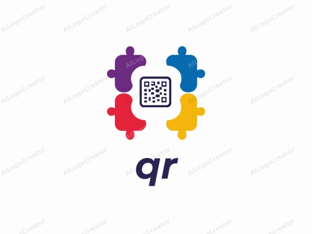 ein Puzzle-Piece. Dieses minimalistisch digitale Logo zeigt einen zentralen quadratischen QR-Code, der von vier Puzzle-Pieces flankiert wird. Die Puzzle-Pieces sind in einer kreisförmigen Anordnung angeordnet, wobei jedes Piece eine andere Farbe hat: lila, rot, blau und gelb. Der QR-Code