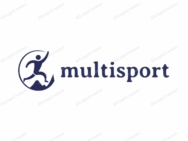 The logo is a simple, minimalist silhouette of a person running or jumping, with a dynamic pose that suggests movement and agility. The figure is depicted in solid, dark blue, outlined in white, against a white background. The person is positioned in