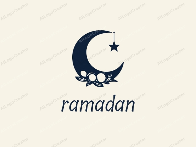 This image is a minimalist, monochromatic logo featuring a crescent moon and a star. The crescent moon is depicted in a deep navy blue hue, with a smooth, rounded shape and a slight inward curve towards the bottom. It occupies