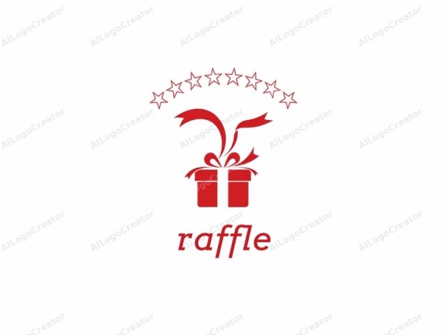 This is a minimalist, vector graphic representation of a gift box and bow, both in a vibrant red hue against a stark white background. The gift box, centrally located, is portrayed as a cube with straight edges and smooth surfaces. It has a