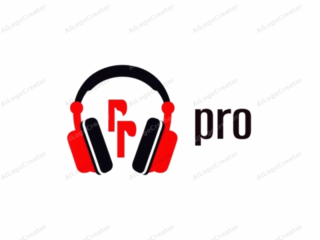 The logo is a minimalist, stylized graphic with a sleek and modern design. The main subject is a pair of large headphones, which dominate the composition. The headphones are depicted in black and red. The headband is black, while the ear