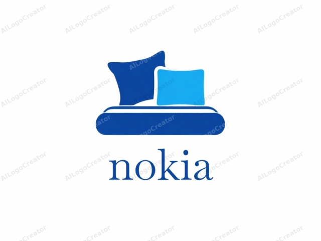 a bed in a minimalist, modern style. This image depicts a bed with a flat surface and a simplistic design, characterized by clean lines and bold colors. The bed is rendered in solid blue, with two pillows and a single blanket. The two