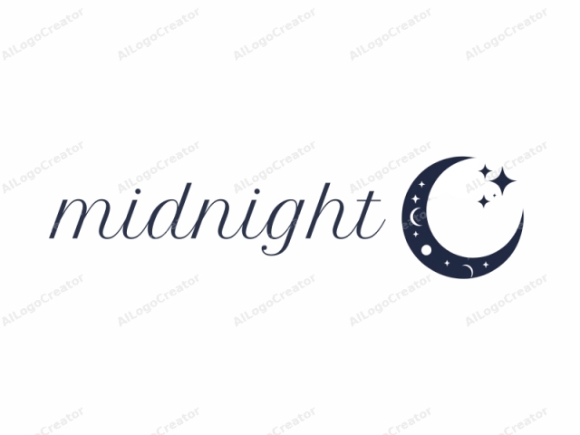 The image is a minimalist, stylized depiction of a crescent moon. The crescent is depicted in a bold, navy blue hue against a stark white background, creating a strong contrast and emphasizing its shape. The crescent is curved, with