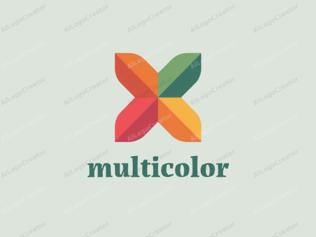 The image is a geometric, symmetrical logo composed of four overlapping, pointed leaf shapes. Each leaf segment is a different color: orange, green, teal, and red, forming an "X" shape when viewed from above. The logo is