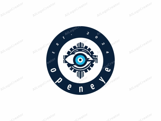 en una ilustración digital. La imagen es un logo estilizado y abstracto con un tema mecánico y futurista. Presenta un ojo circular grande y azul ubicado en el centro, con un punto blanco en su centro, simbolizando enfoque u observación. El ojo está