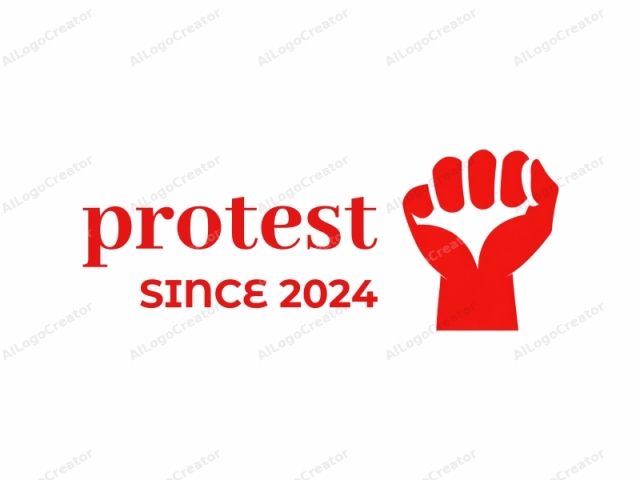 using the following elements: This is a digital illustration depicting a raised fist, a symbol often used in protest and activism movements, against a stark white background. The fist, shown in vivid red, is drawn in a simplified, flat style with bold