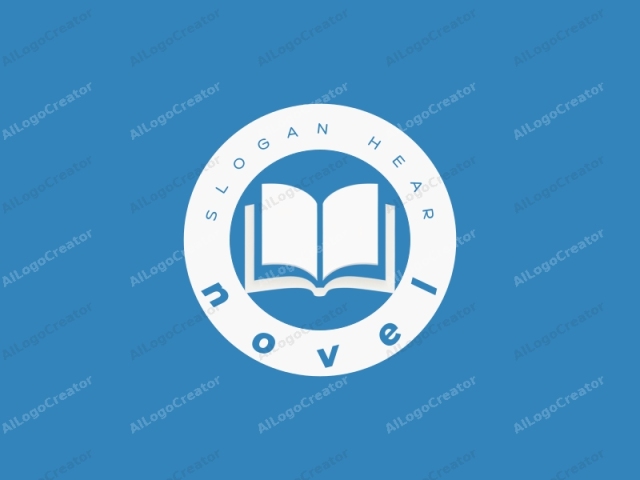 featuring a stylized open book icon. This logo image consists of a simple, minimalist design on a solid blue background. The main subject, an open book, is depicted in white, with its pages facing forward. The book's cover is positioned horizontally