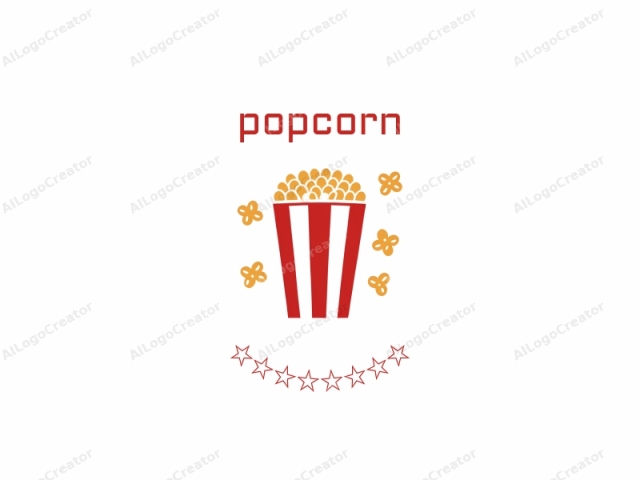 a cartoon popcorn bucket. The image is a simple, minimalist drawing featuring a red and white popcorn bucket centered on a plain white background. The bucket has vertical red and white stripes, with a large quantity of golden-yellow popcorn filling the interior. Surround