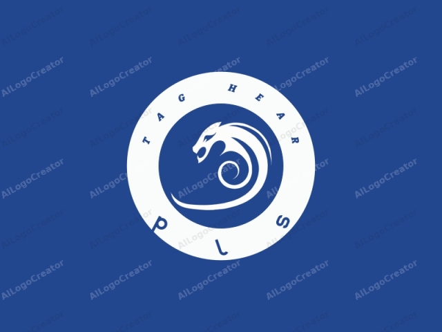 The image is a minimalist, digitally created logo. The primary element is a stylized white dragon head, rendered in a sleek, abstract form against a solid royal blue background. The dragon's head faces to the right, with a fierce, slightly