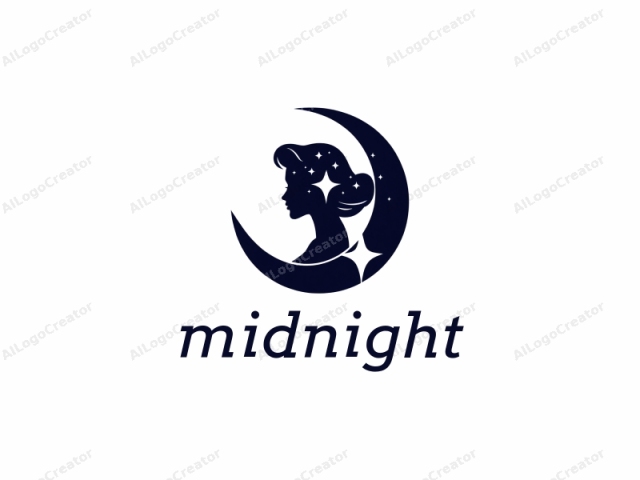 a stylized, dark blue silhouette of a woman's head and shoulders, depicted within the shape of a crescent moon. The crescent moon forms a semi-circle, with the woman's profile facing right and occupying the interior space. Her hair