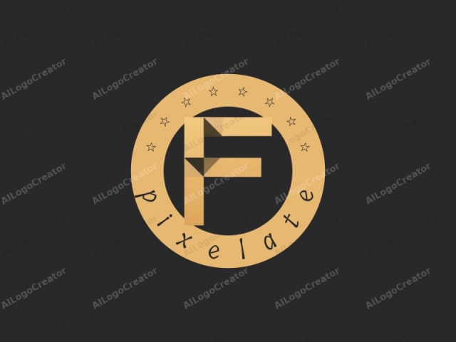 Dieses digitale Logo zeichnet sich durch ein minimalistisches Design mit Fokus auf geometrische Formen aus. Das zentrale Element ist ein stilisiertes "F", das aus sich kreuzenden Linien und Winkeln besteht. Die Linien sind in einem goldenen Gelbton gehalten, was dem Design ein elegantes und modernes Aussehen verleiht.